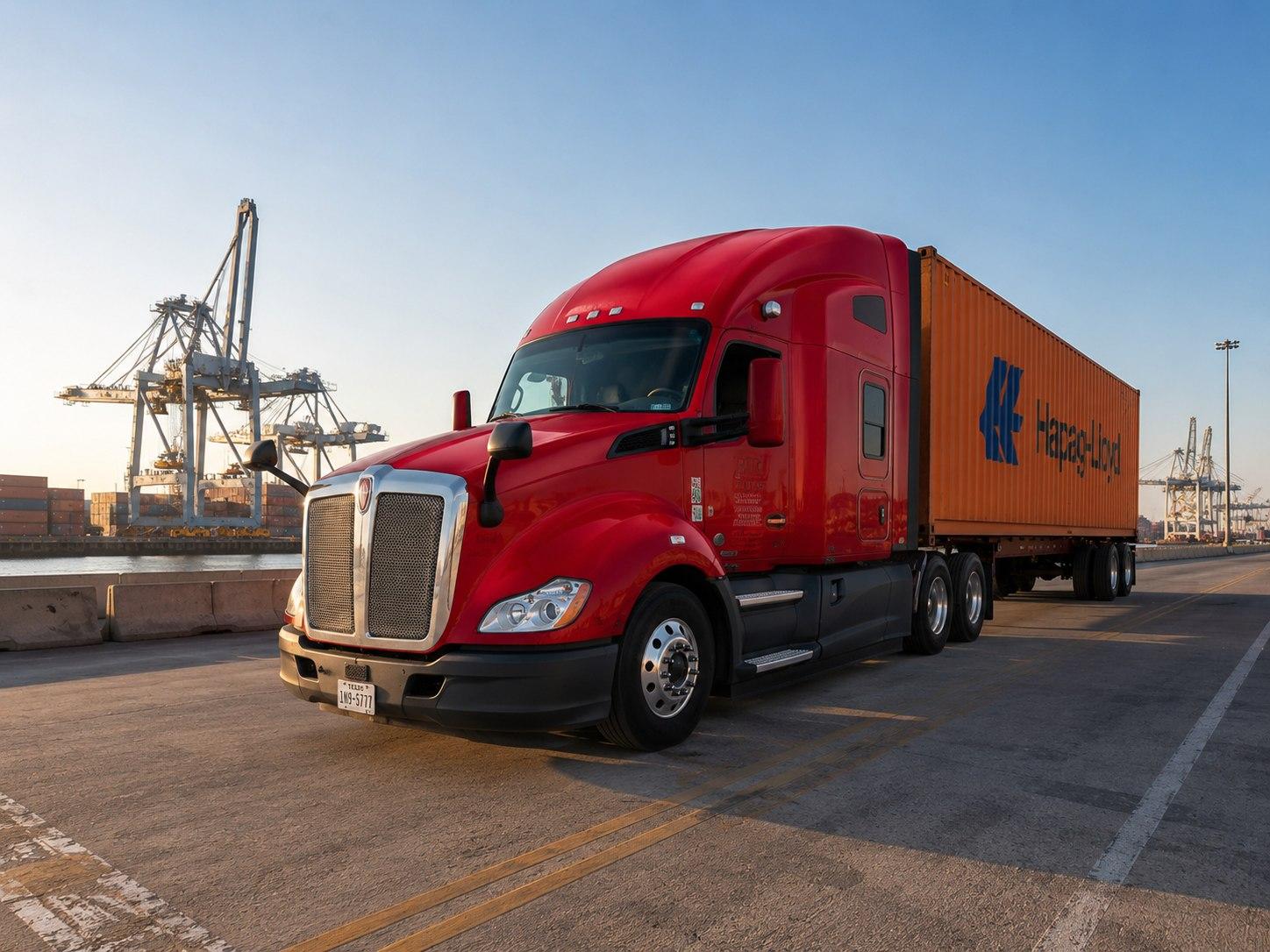 Jevic Transport red truck hauling an intermodal container near a port terminal